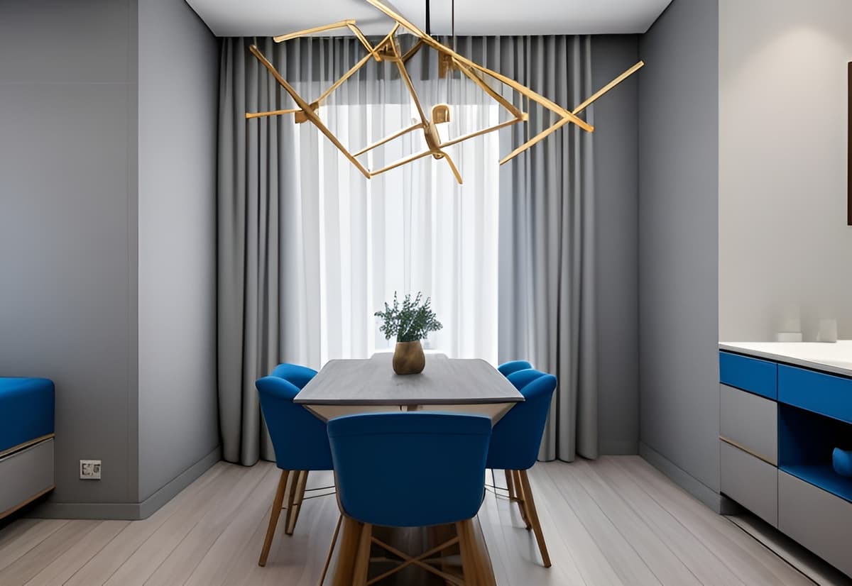 Dining in farmhouse style and grey-blue color