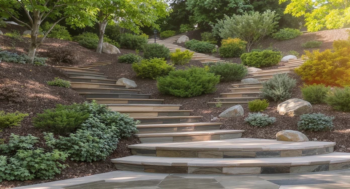 Outdoor Stairs on a Slope: Choosing Between Framed Stringers, Timber “Box Steps,” or Stone — Visualize It with ReimagineHome.ai