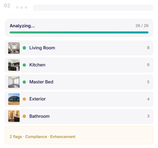 Listing photos auto-sorted by room with compliance issues flagged