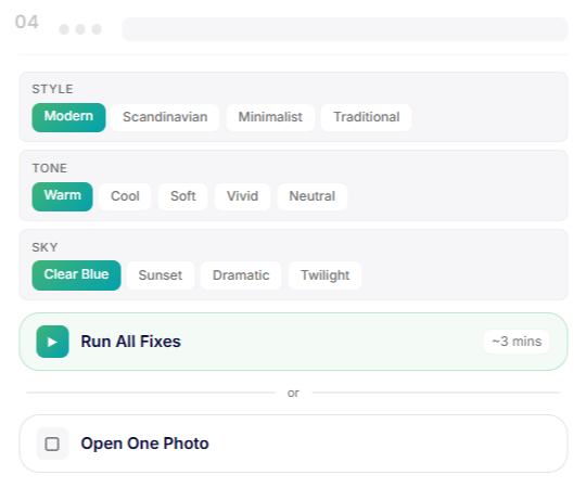 Run batch AI fixes or fine-tune individual photos