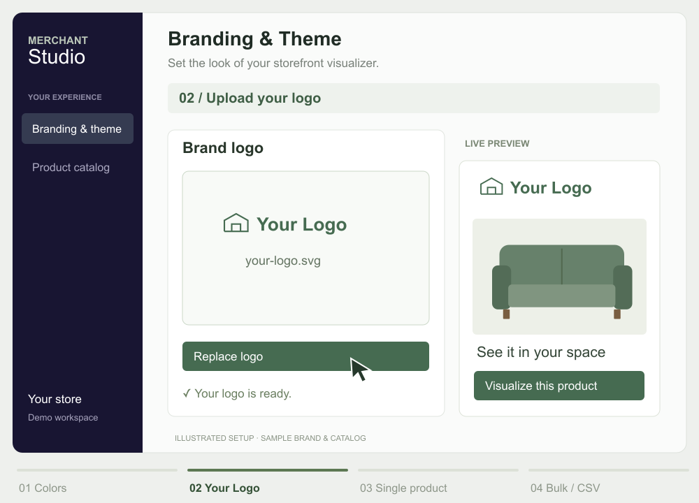 Configuration walkthrough: change brand colors, upload Your Logo, add a product individually, and import a catalog CSV.