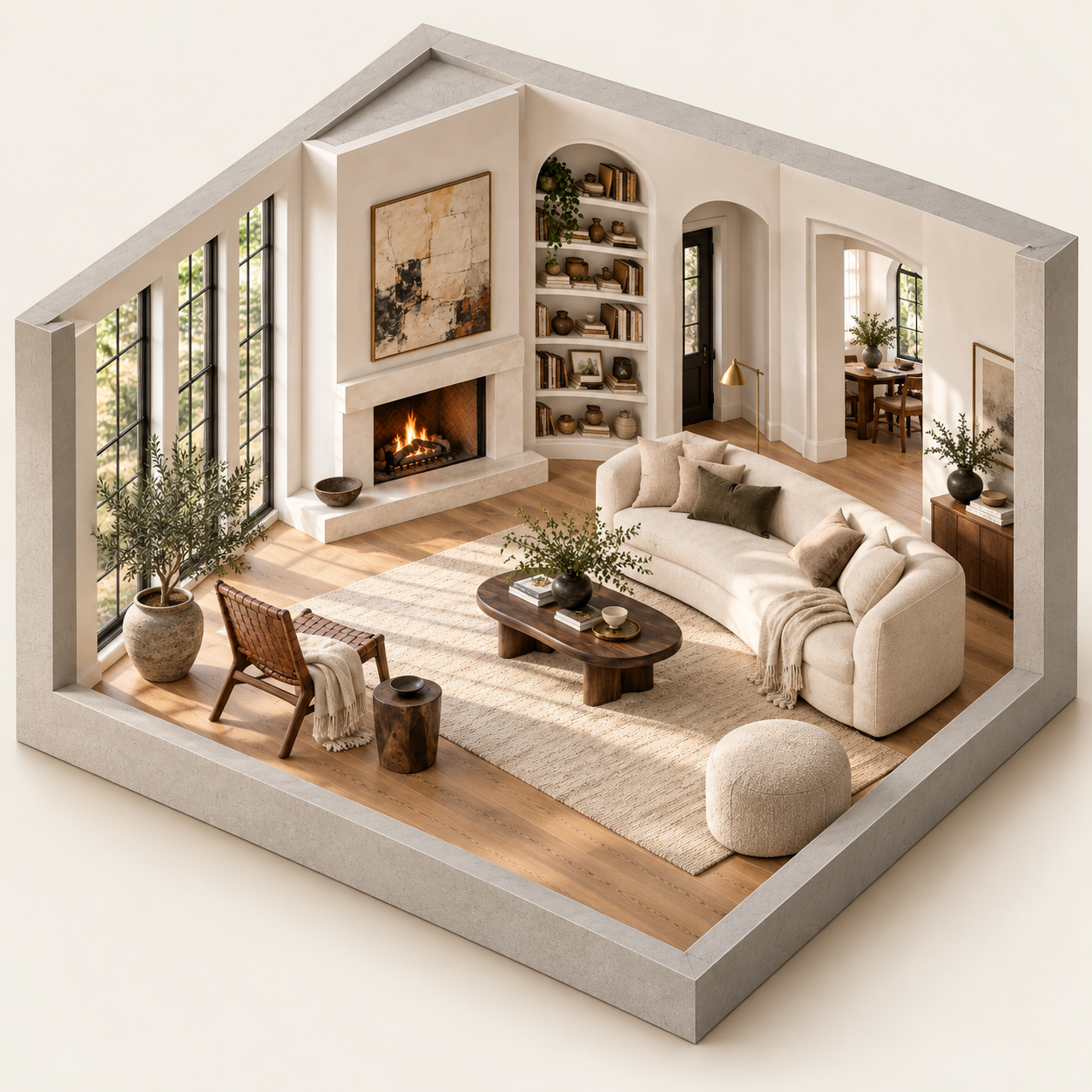 The same living room shown from above as a 3D cutaway, revealing its layout