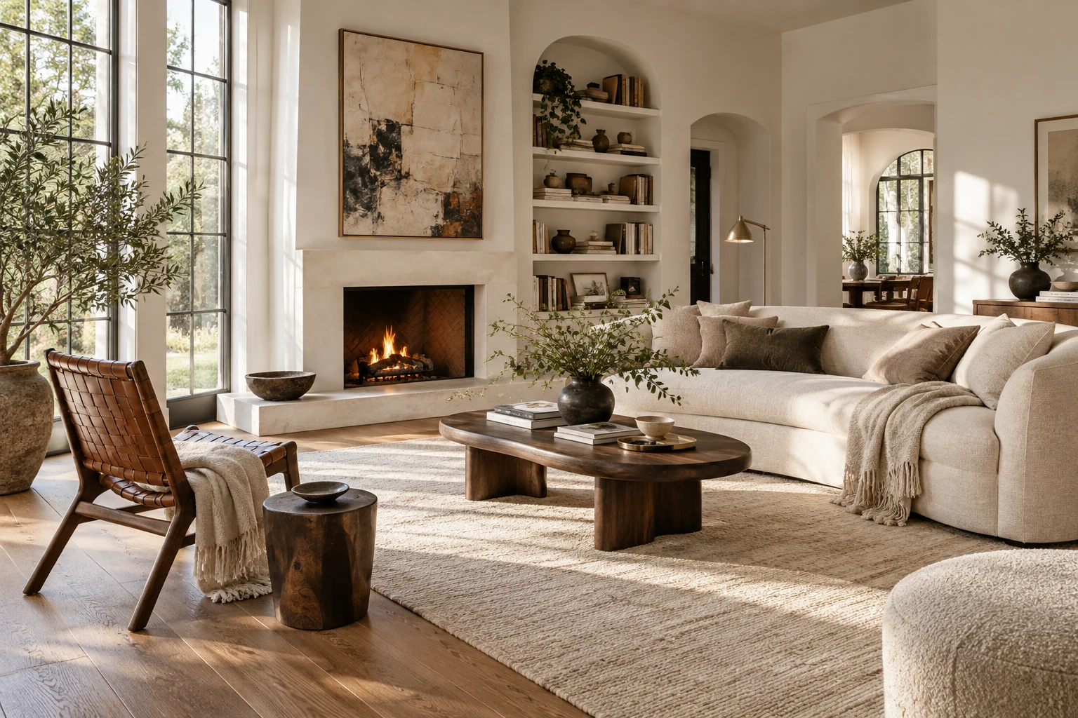 A sunlit living room with a curved linen sofa, walnut table and a woven reading chair